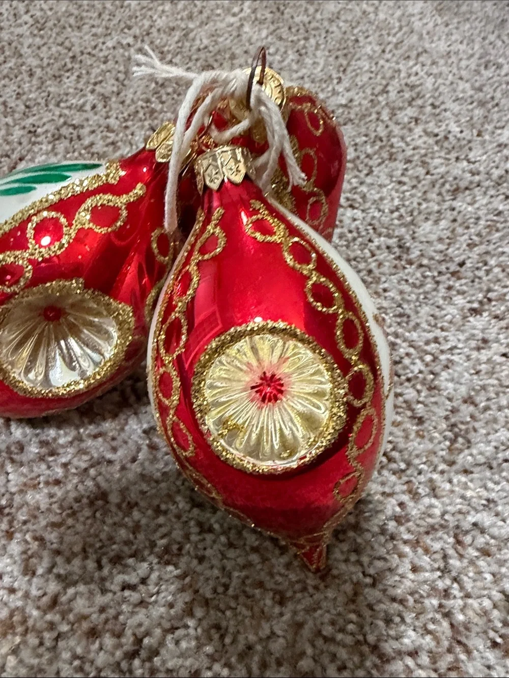 Vintage Polish Glass Christmas Ornaments Indented Reflector Red White 3PC Set